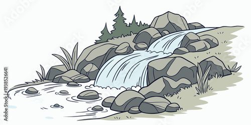A detailed illustration of a rugged mountain landscape with flowing streams and lush vegetation. Vector