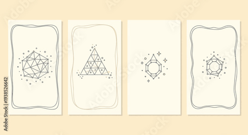 Abstract Geometric Shapes and Gems on Cream Background, Minimalist Line Art Cards