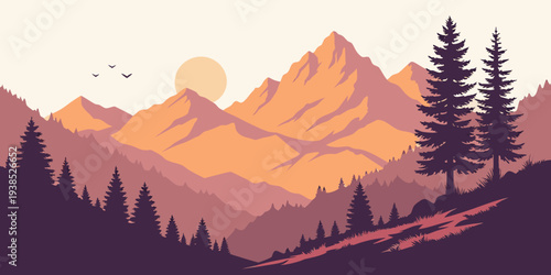 Majestic mountains with a vibrant sunset and dense forest in the foreground Vector