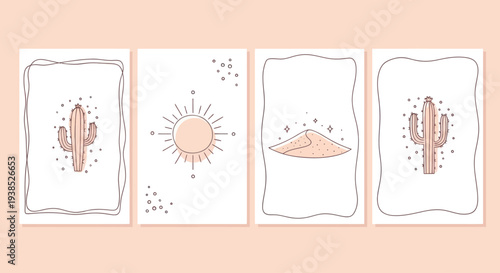 Boho Desert Landscape Art Cards: Cacti, Sun, Dune, Stars