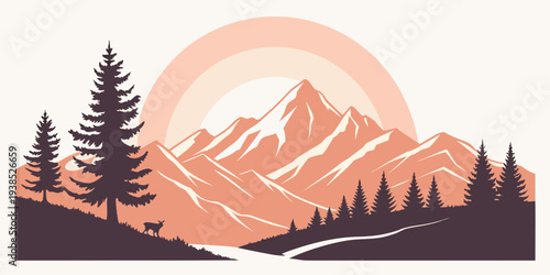 A serene mountain landscape with a radiant sunrise and dense forest Vector