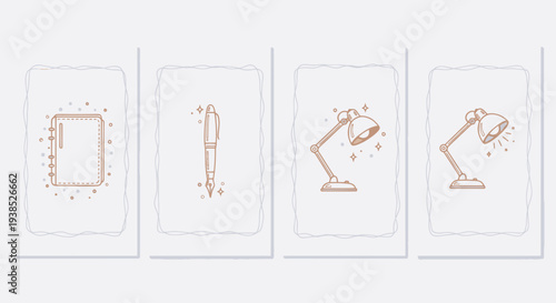 Hand Drawn Sketch Icons: Notebook, Pen, Desk Lamp Set
