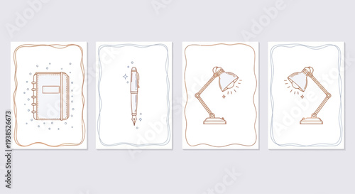 Study Supplies: Notebook, Pen, and Desk Lamps - Minimalist Outline Design