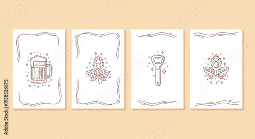 Craft Beer Elements: Mug, Hops, Bottle Opener, Line Art Illustrations on Cards