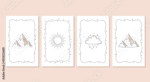 Minimalist Nature Cards: Mountains, Sun, Cloud Line Art with Decorative Borders