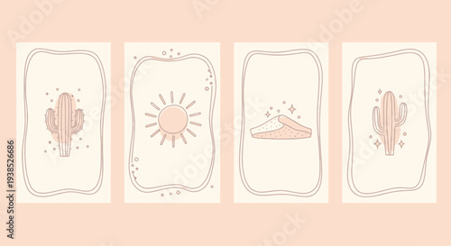 Boho Desert Vibes: Cactus, Sun, Dune, Stars - Minimalist Line Art Cards