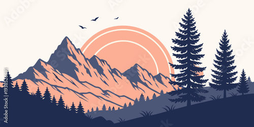 Majestic mountains with a vibrant sunset and a serene lake reflecting the sky Vector