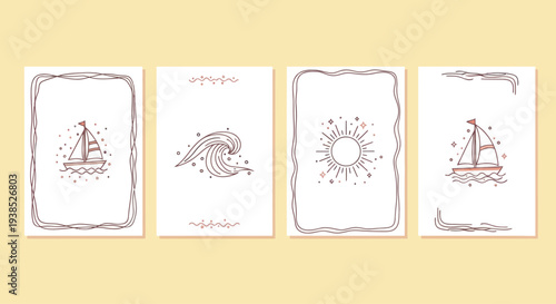 Minimalist Nautical and Sun Line Art Cards - Sailboat, Wave, Sun