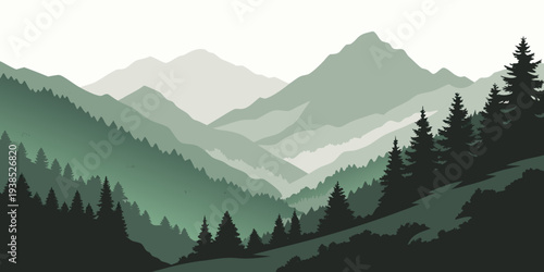 Majestic mountain range with a valley in the distance under a clear blue sky Vector