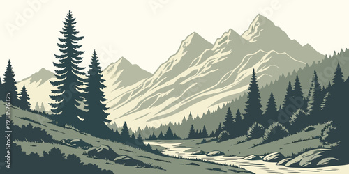 Majestic mountain landscape with dense forest and river winding through the valley Vector