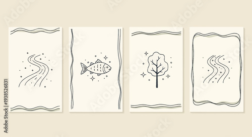Minimalist Nature Icons: River, Fish, Tree, and Wavy Borders on Cream Background