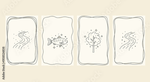 Minimalist Nature Icons: River, Fish, Tree, River - Line Art on Cream Background
