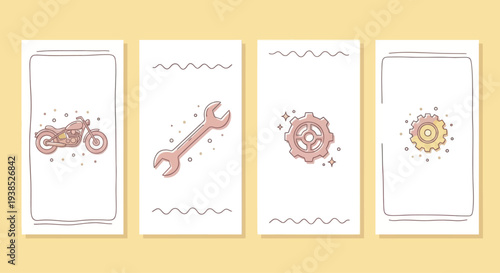 Motorcycle Repair and Maintenance Icons: Vintage Style for Social Media