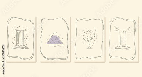 Minimalist Nature Icons: Waterfall, Rock, Tree, Waterfall - Vector Art