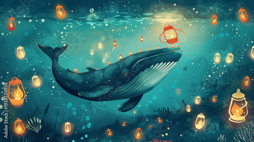 Whale swimming amongst floating lanterns in a dreamlike underwater scene