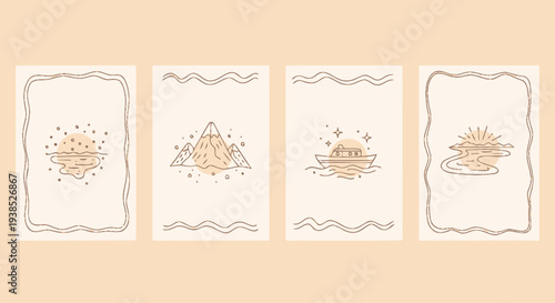 Minimalist Nature Scenes Set: Sun, Mountains, Boat, Sunrise/Sunset Line Art
