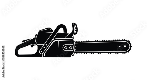 A black silhouette of a gasoline powered chainsaw showcasing its engine and cutting blade high quality professional