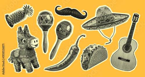 mexican elements collection in retro halftone style, vintage stipple effect cinco de mayo set: sombrero, guitar, taco, and pinata, maracas, chili pepper, mustache