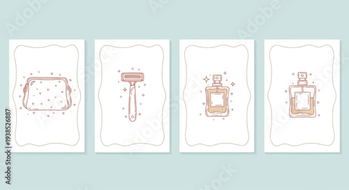 Cosmetic Bag, Razor, Perfume Bottles Line Art Set - Beauty Essentials