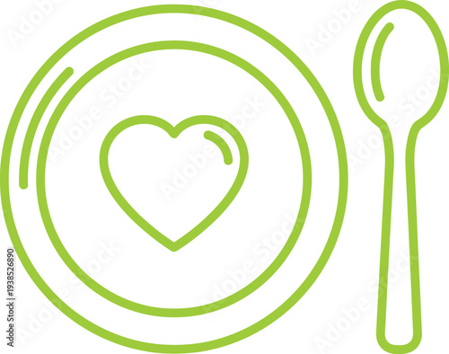 A green plate with a heart and utensil icon