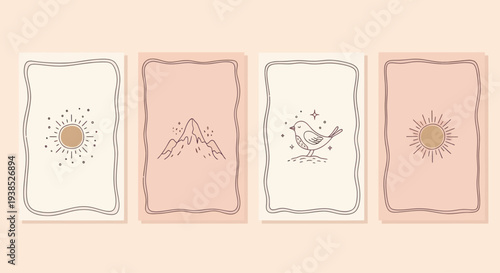 Bohemian Tarot Cards with Sun, Mountain, and Bird Illustrations