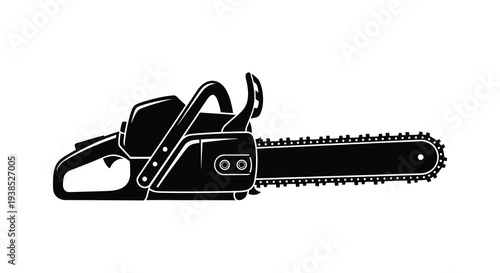 A black silhouette illustration depicts a gasoline powered chainsaw on a white background high quality professional detailed