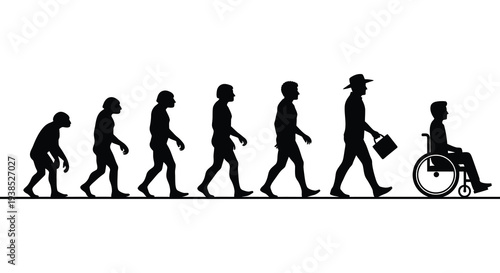Evolution of mankind depicted through silhouettes culminating in modern humans and assisted mobility high quality professional