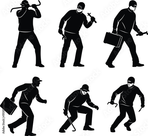 Thief silhouettes, burglary poses, crowbar icon, masked figure, sneaking stance, criminal activity, black vector set, security illustration