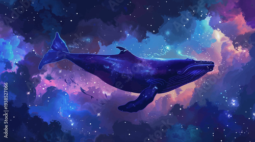 Cosmic whale floating amongst starry clouds abstract artistic illustration