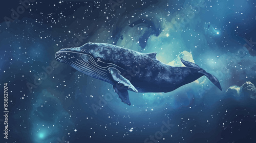 Cosmic whale floating through nebulous space against a starry background