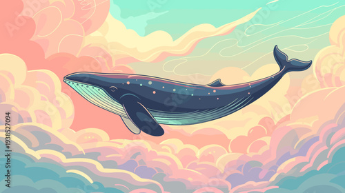 Stylized illustration of a majestic whale floating amongst dreamy clouds