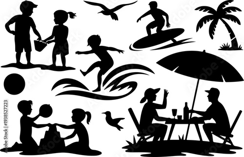 Summer Beach Activities Silhouette Vector Set