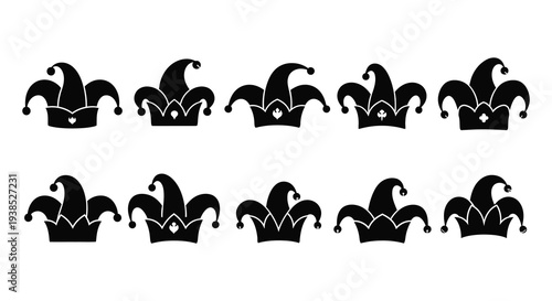 Black and white illustration depicting a repeating pattern of jester hats with bells high quality professional