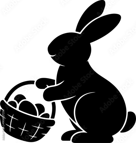 Cute Easter Bunny with Basket Silhouette Vector