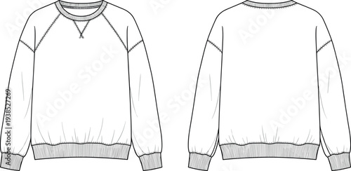 Oversized Crewneck Sweatshirt Technical Flat Sketch Vector Template with Raglan Sleeves Ribbed Trims and V-Stitch Detail Front and Back View