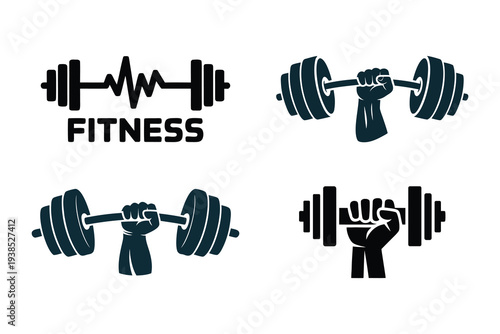 Dumbbell with Heartbeat Pulse and Fist Grip Set – Fitness Gym Strength Logo Icons Vector, Workout Cardio Power Symbol Illustration