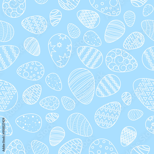 Vector, Pattern of white eggs. Easter. Seamless background. blue
