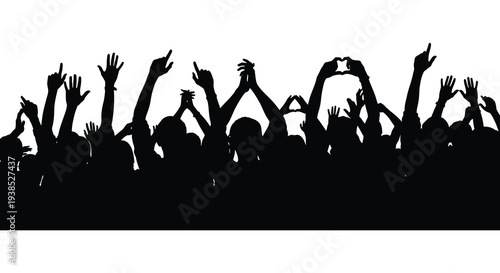 A large crowd of silhouetted people raising their hands in a celebratory and energetic scene