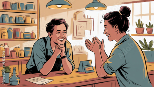 Two coworkers having a friendly conversation in a cozy cafe with plants and shelves