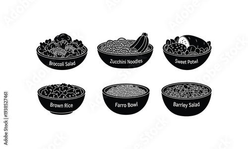 Six bowls of healthy food options displayed in a minimalist style