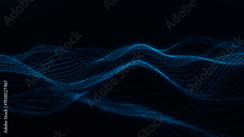Glowing blue particle wave landscape with flowing dotted grid structure and neon digital light, abstract futuristic technology background representing data movement and virtual energy field