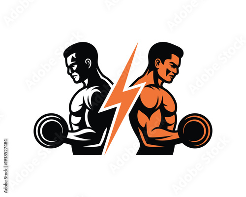 Bodybuilding Versus Concept Silhouette with Lightning Bolt Vector Illustration
