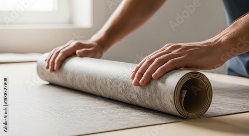 Hands performing good repair by unrolling new floor covering material during home renovation. Worker carefully preparing surface with rolled material,
