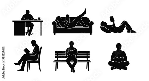 Silhouettes of people reading in various comfortable positions and settings high quality professional detailed modern elegant