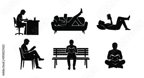 Silhouettes depicting various relaxed and focused human postures in different settings high quality professional detailed modern
