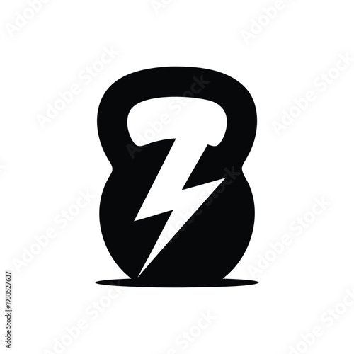 Fitness Power Kettlebell Lightning Bolt Logo, Strength Training Gym Icon Vector, Electric Energy Thunder Symbol Illustration