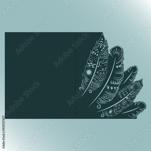 Wedding invitation or greeting card with feather. Envelope mock up for laser cutting. dark