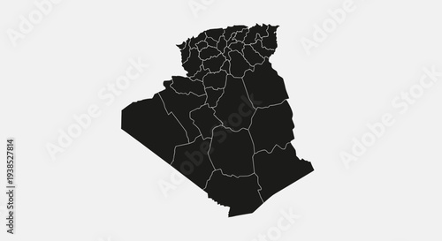 Algeria Map Silhouette with Administrative Divisions, Black Outline on White Background