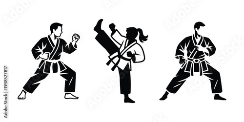 Martial Arts Silhouette Set, Karate and Taekwondo Fighting Poses Vector