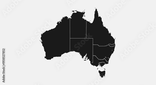 Australia Map Silhouette, Black Outline on White Background, Geographic Country Shape